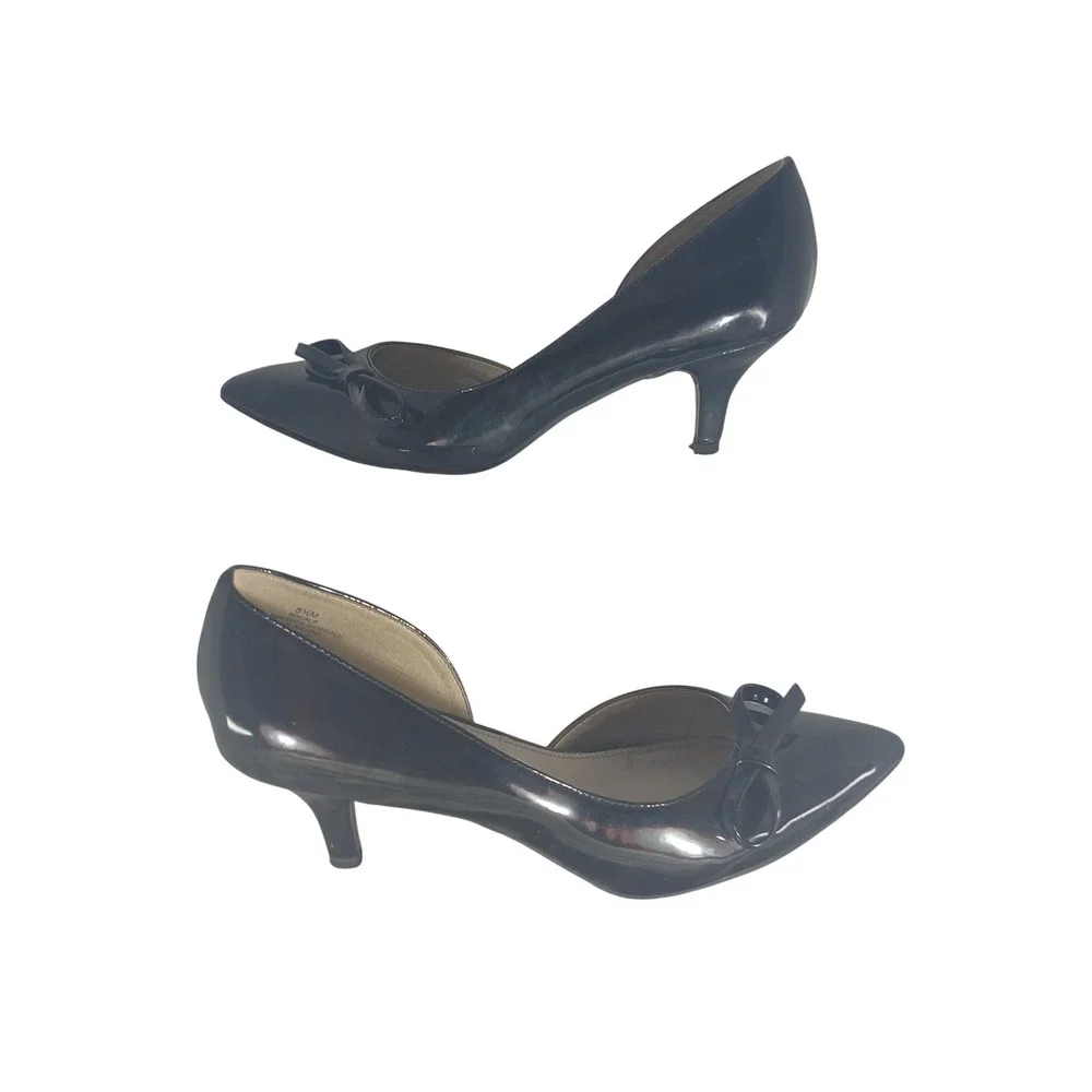 Bandolino BDIDALIE Black Patent Bow Pointed Toe Kitten‎ Heel dOrsay Pumps 8.5M